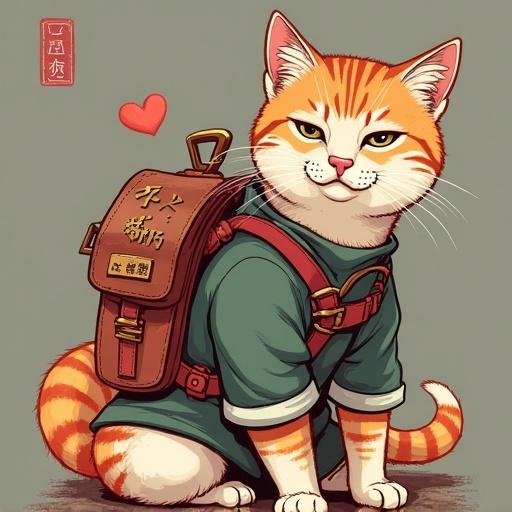 Cat wearing a backpack resembling a little adventurer. Cat has orange and white fur. Cat stands against a warm colored background. The look of the cat is cute and playful. Cat's outfit reflects a trendy style. Heart symbol conveys affection.