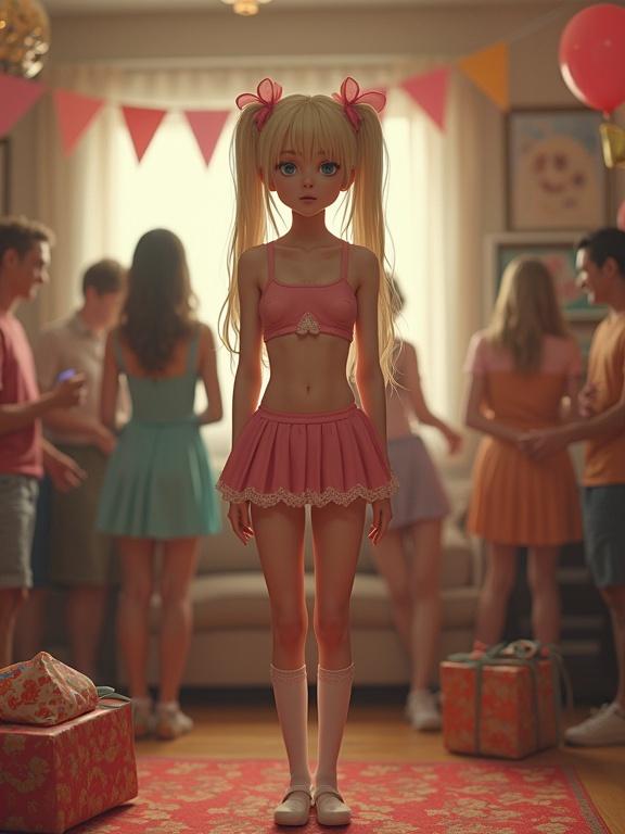 Nostalgic birthday party scene in cozy living room. Central character with long blonde twin-tails in pink costume. Playful outfit with cropped top and pleated skirt. Thigh-high lace-trimmed socks. Background filled with partygoers in colorful clothing. Decorated with balloons, banners, and gifts. Vibrant rug on the floor. Distinctly retro vibe with pixelation and saturation.
