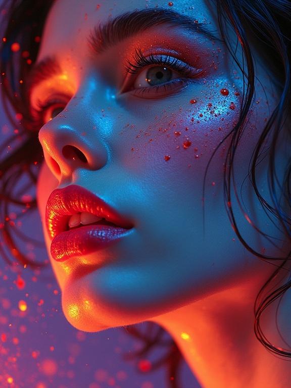 A close-up of a woman's face with glossy lips. Neon synthesis lighting creates vibrant contrasts. The artwork showcases intricate details and deep colors reminiscent of neo-impressionism with a retrofuturistic vibe.