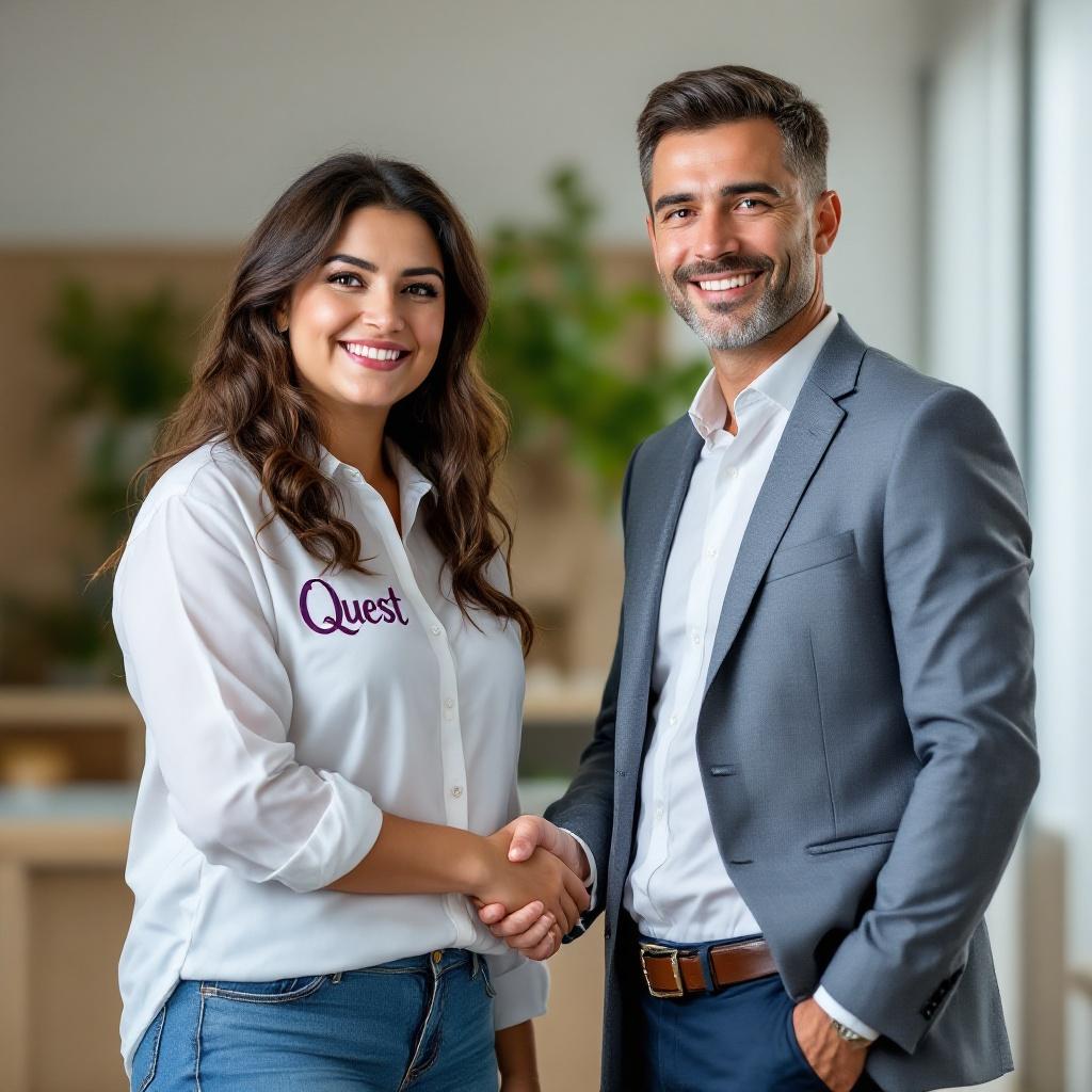 A Spanish daycare teacher stands confidently. She wears a white shirt with the word Quest embroidered in purple. Comfortable blue jeans complement her look. She shakes hands with a pleased company executive dressed in business attire. The setting is professional and welcoming. Both reflect warmth and professionalism.