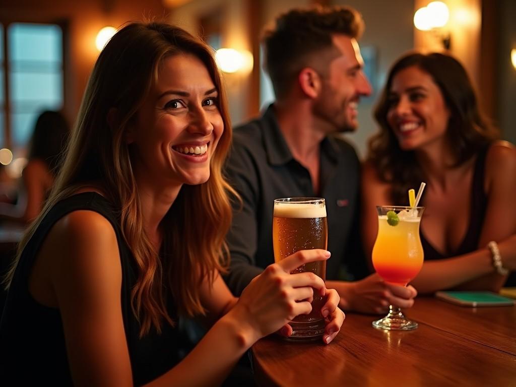 A group of friends enjoying drinks and laughter in a dimly lit, cozy pub or bar setting. One woman is in the foreground holding a beer, while a man and another woman are talking and smiling in the background.