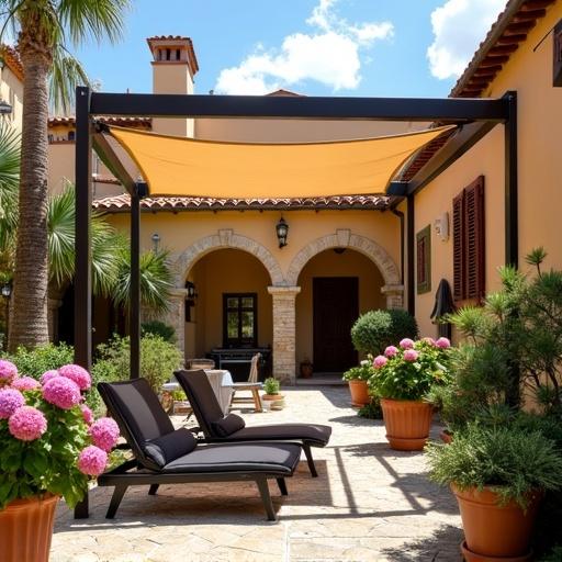 Sunlit Italian courtyard garden features a stone pathway leading to a terracotta-colored building with brown wooden shutters. Vibrant pink and purple hydrangeas in terracotta pots line the path. Large palm tree stands at the left. Building has a traditional terracotta roof with a chimney and arched colonnade. Walls are warm yellow with stone details. Small black satellite dish on the right wall. The garden includes green plants and shrubs, including a small bright green tree. Light-colored stone paver pathway. Scene against a bright blue sky with white puffy clouds. Natural bright lighting creates strong shadows and highlights the vibrant colors.