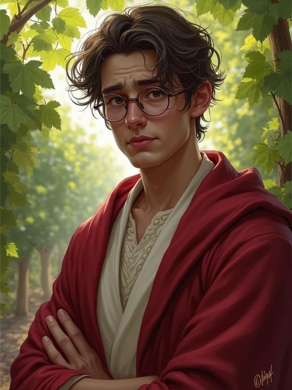 A young man in his early 20s wearing round glasses and robes appears anxious. He looks directly at the viewer in an outdoor vineyard setting. The scene conveys a sense of worry amidst the lush green vines. The image is a digital painting in a semirealistic style reminiscent of Grzegorz Domaradzki, suitable for fantasy themes.