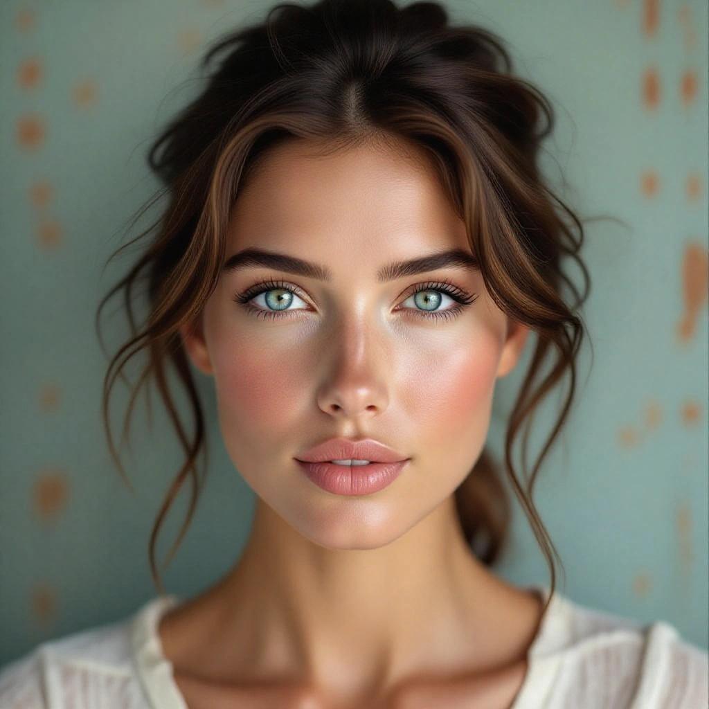 Hyper realistic portrait of a woman with soft lighting. Woman has clear blue eyes and natural emotional expression. Background is vintage and weathered.