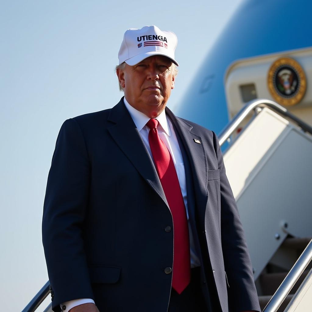 Donald Trump exits Airforce One at Amsterdam Airport for the NATO summit wearing a USA cap. The scene captures the significance of presidential visits and international diplomacy.