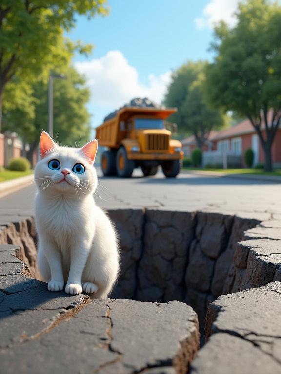 A white cat with striking blue eyes sits calmly on the edge of a large deep hole in a suburban street. The hole is surrounded by cracked asphalt. In the background, a rusty yellow dump truck is driving away filled with large gray stones. The sky is clear and sunny. Suburban houses and green trees line the street.