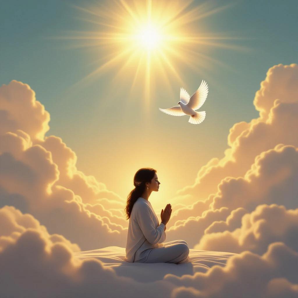 Ultra-realistic or soft-illustration circular image of a peaceful spiritual scene. Person in calm prayer posture sitting under soft golden light. Gentle white dove flies nearby. Background filled with glowing clouds and heavenly light burst. Composition centered and minimal conveying peace and reflection.