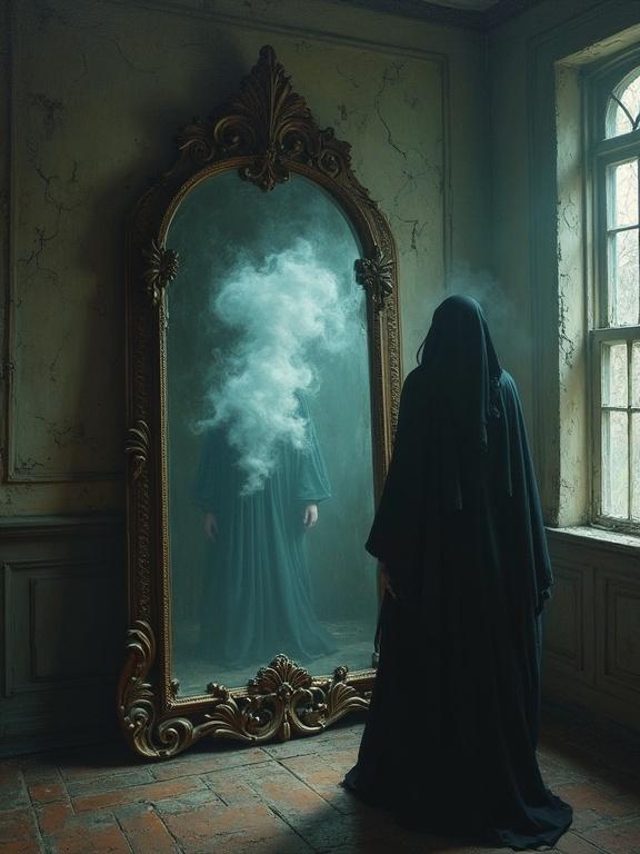 Oil painting depicting a spirit made of smoke in a large ornate mirror inside a gothic mansion. The room appears ancient and dusty. The atmosphere is thick with tension and whispers. The mirror is cracked and glowing. Cobwebs surround the scene. Suggests a mystery tied to the shadowy reflection.