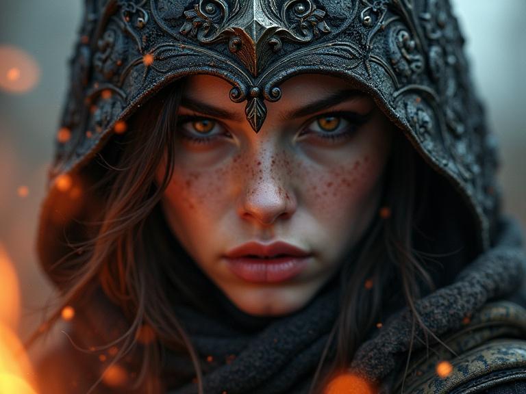 highly detailed dark goddess-fantasy warrior with vivid colors and textures fighting shadowy enemy. Showcasing clarity and depth of field emphasizing facial features and expression. Contrasting warm and cool tones for nostalgia.