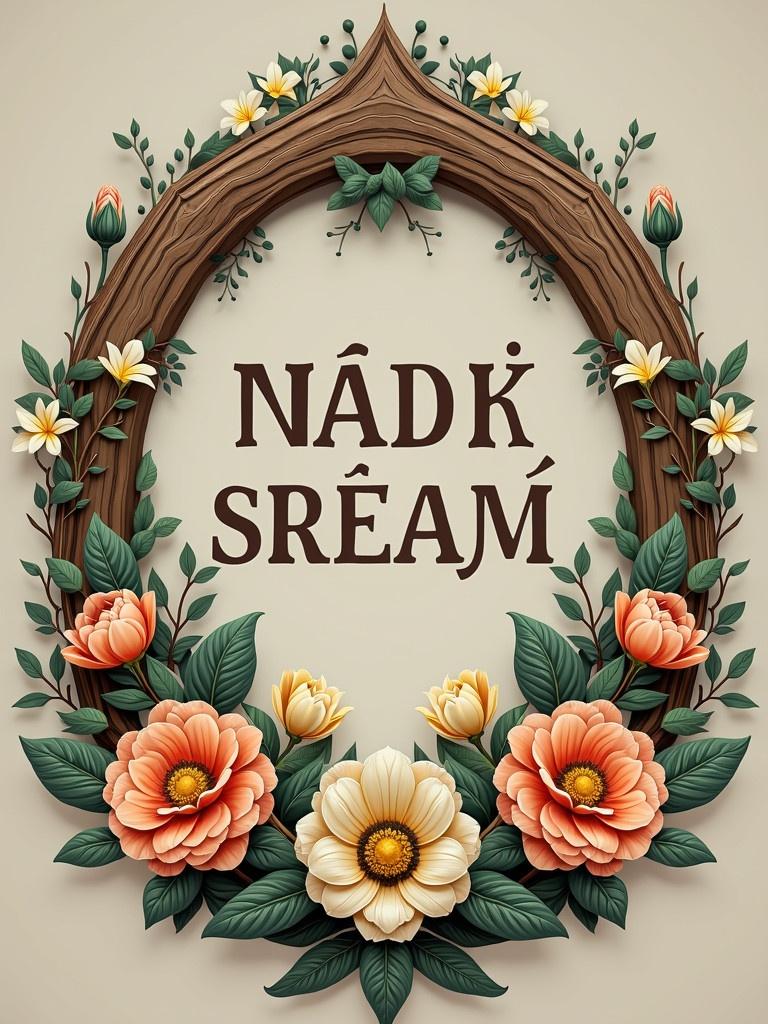 Logo design featuring an ornate wooden frame decorated with flowers in soft colors. The text reads NÁDĚK SRÁM. Emphasis on floral elements and natural aesthetics.