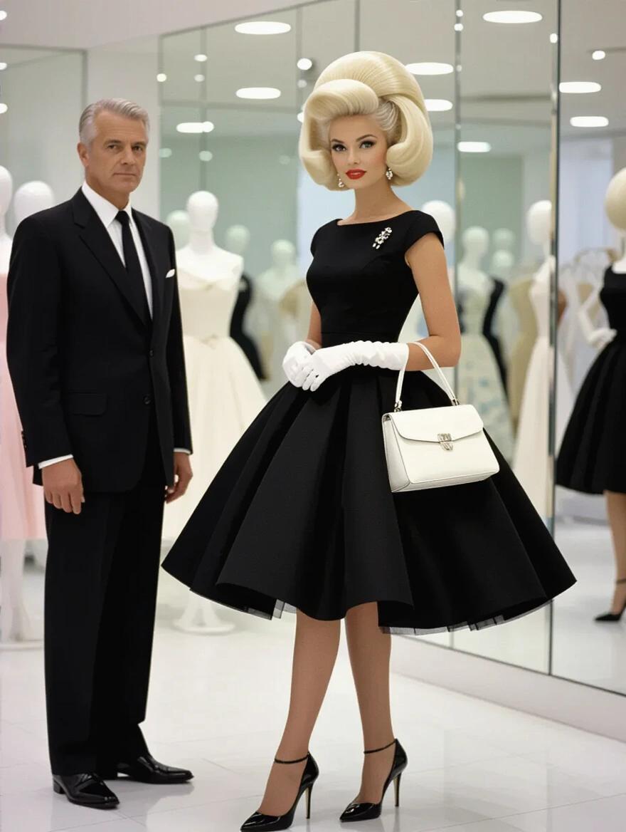 A portrait of a 1960s woman with platinum beehive hair wearing a black dress. She holds a white purse and wears gloves. An older man in a suit stands beside her. The setting is an elegant dress boutique with mirrors.