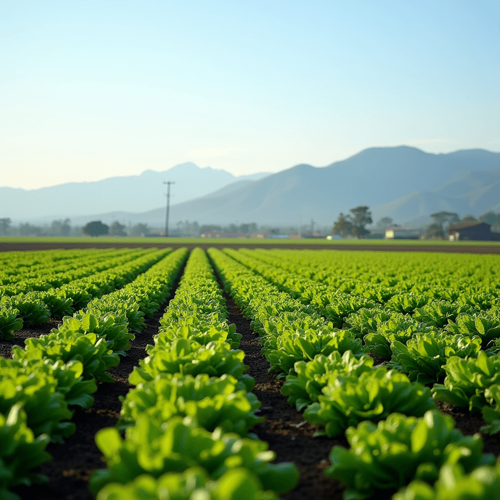 A vast farmland with rows of green crops and mountains in the background.