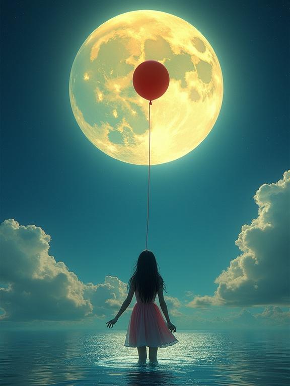 A girl stands in water holding a red balloon under a large glowing moon. The scene is dreamlike and surreal with vibrant colors.