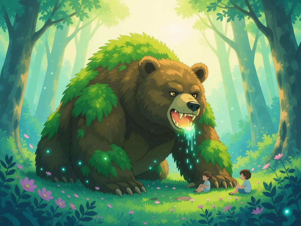 A colossal moss-covered beast hybrid of bear and carnivorous plant. Lumbering through a glowing pastel forest. Flower-petal mandibles frame its face. Gleaming teeth and a golden throat. Twitching vine limbs like snakes. Softly humming a lullaby. Surrounded by blue fireflies. Forest children asleep against its body. Watering seedlings with glowing nectar. Vibrant Ghibli-style illustration. Lush flora with a pastel palette. Ethereal storytelling with magical realism. High detail concept art.