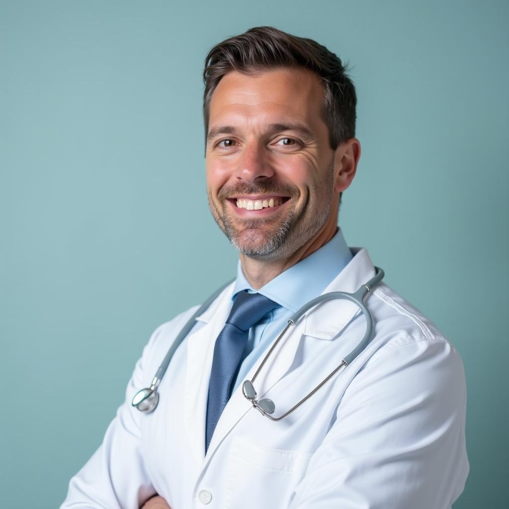 Image of a dentist wearing a tie and a white lab coat with a stethoscope.