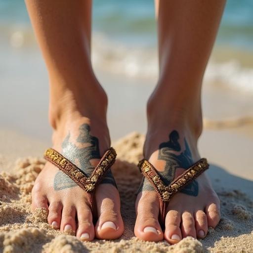 Feet in the sand on the beach. Tattooed feet appear like Havaianas flip-flops. The background is blurred with beach elements.