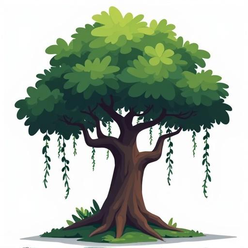 Single large jungle tree with thick trunk and broad lush leaves. Full tree visible. Transparent background. Style is low-poly and stylized with hand-painted brushstrokes. Strong recognizable silhouette using deep forest green and earthy brown.