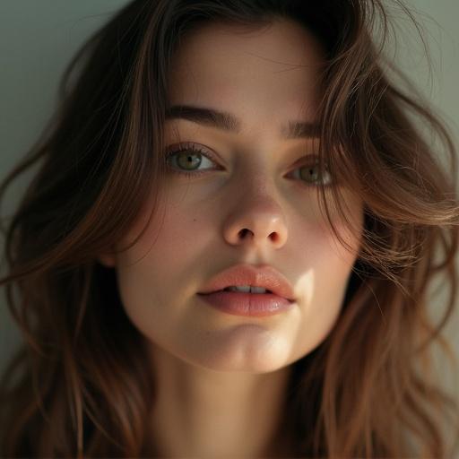 Captivating music album cover featuring a woman with an artistic portrait. Soft lighting enhances captivating facial expression. Eyes reflect warmth and personality.