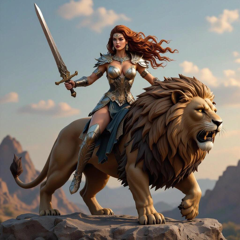 Resin sculpture of a fierce goddess on a giant lion. The female figure sits on the lion's back with open legs. Her torso is upright; she brandishes a large sword and shield, symbolizing power. Long, wavy, light brown hair with white highlights flows like a mane. She wears feline-style armor with claw details. Her face is haughty and determined. The lion roars on two legs. The base has rocky texture with solar symbols. Semi-realistic style; high detail for resin printing. Epic and sexy aesthetics in the Zodiac Queens universe.
