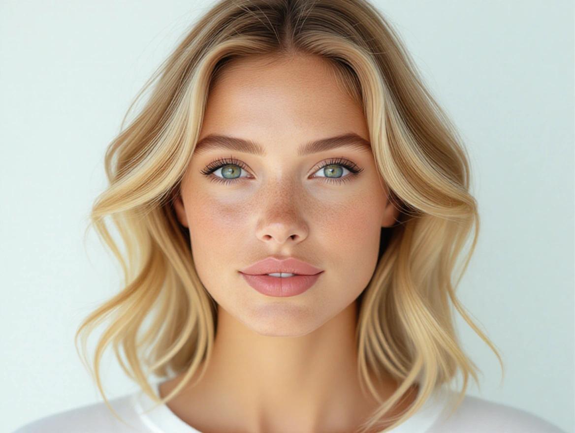 Close-up of a beautiful blonde woman with clear eyes.