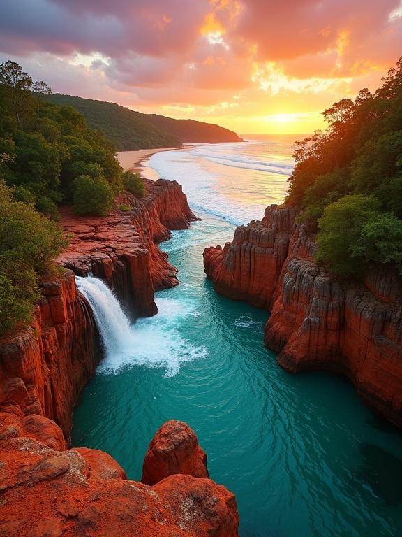 Breathtaking view of Elliot Falls in Cape York Queensland. Crystal-clear water cascades down rugged red rock formations. Serene emerald pools surrounded by lush rainforest. Golden sunlight bathes the scene. Falls flow toward pristine beach meeting turquoise ocean under vibrant sunset sky. Harmony of outback wilderness and coastal beauty.