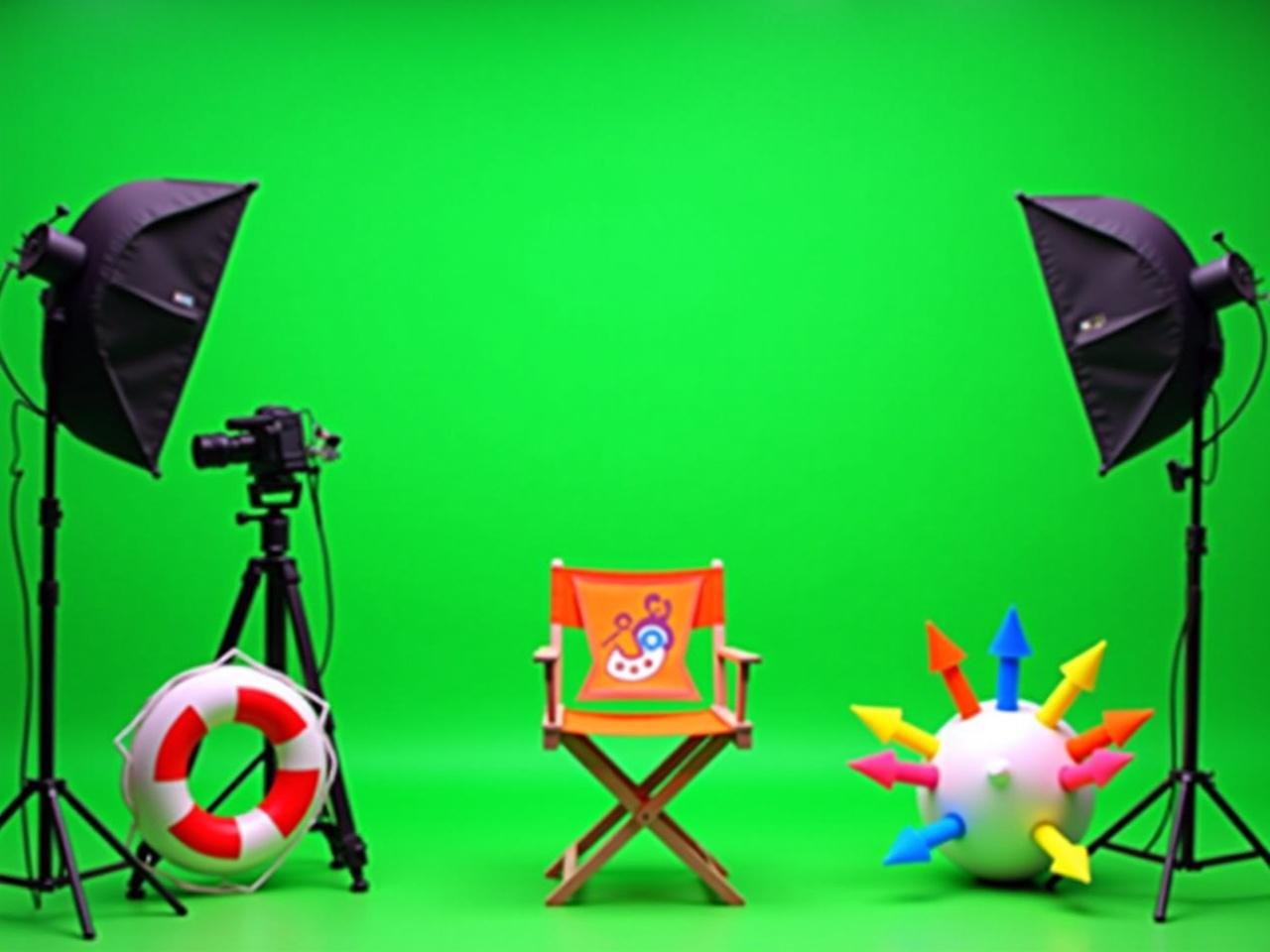 The image depicts a creative studio setup against a green backdrop. In the center, there is a director's chair featuring a colorful logo, specifically an orange figure with a blue eye. To the left, a camera is mounted on a tripod, aimed at the chair. There are two large softbox lights positioned on either side, providing illumination. Additional elements include a lifebuoy-looking object with red and white stripes, and colorful arrows protruding from a spherical shape, indicating various directions. The overall vibe is playful and artistic, perfect for a creative environment.