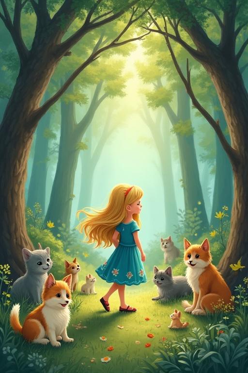 A whimsical illustration depicts a young girl with long blonde hair and a blue dress in a magical forest. The girl stands surrounded by various cats and dogs. The scene has a charming, fairytale-like quality.