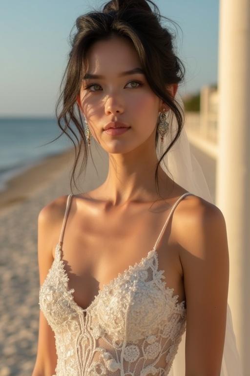 Model poses on the beach wearing an elegant dress suitable for a sunset wedding. The dress features intricate details and a flowing chiffon skirt. The model has long black hair styled half-up, light green eyes, and subtle makeup. She wears delicate jewelry. The photo captures a full-length view of the model in a scenic beach setting during sunset.