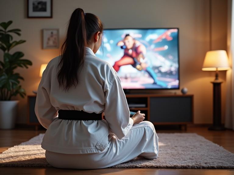 Female fighter wearing a karate gi sits on living room floor. She plays a fighting video game. Game controller is in her hand. View is from behind. TV screen is visible. Daylight fills the room.