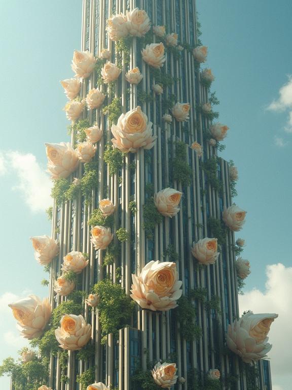 Art Deco skyscraper resembles a tree structure. Windows bloom into geometric flower shapes. Skyscraper is covered with roses and greenery.