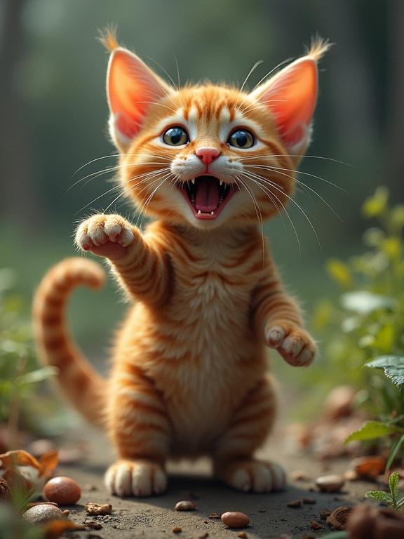 A playful orange kitten with big ears and bright blue eyes stands on a dirt path among green foliage, expressing excitement and joy.