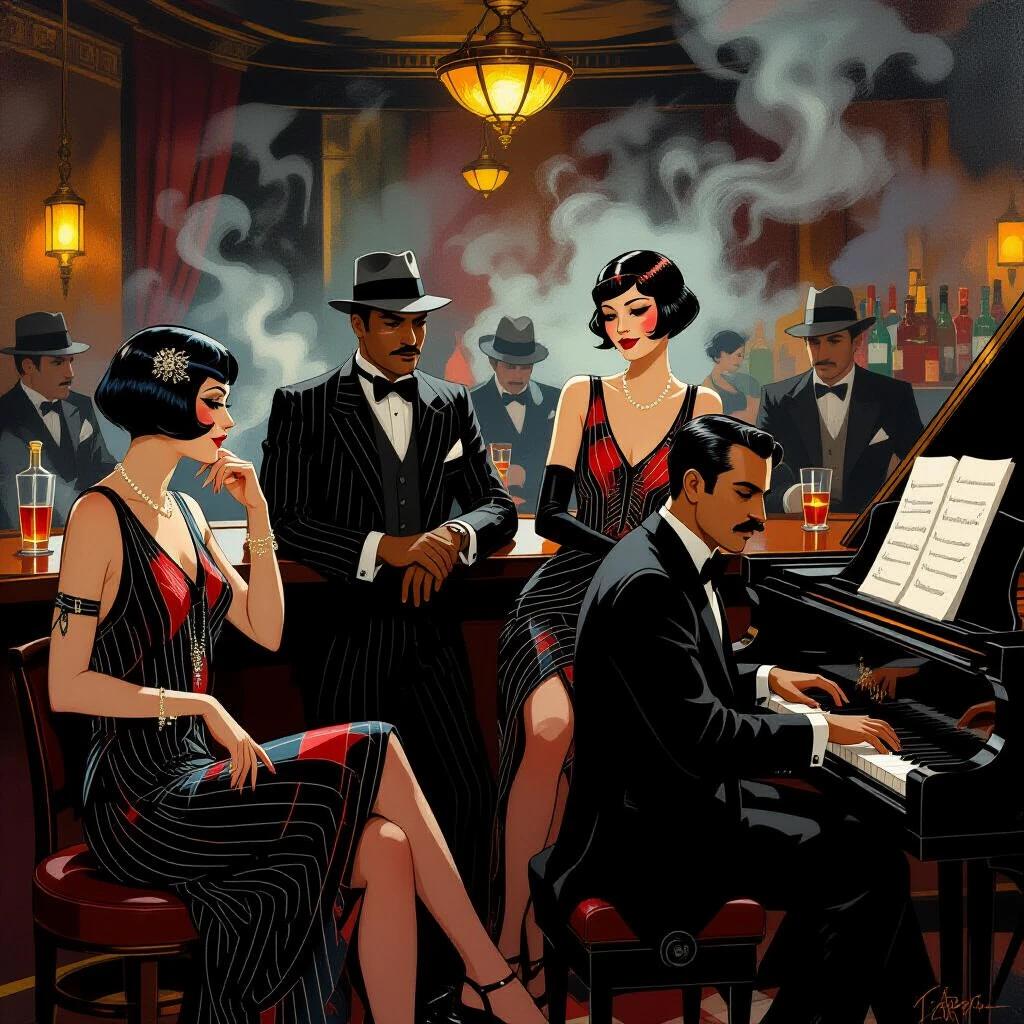 1920s smoky speakeasy bar with mobsters in striped suits. A beautiful short-haired flapper looks on. Black pianist with a mustache plays piano. Art Deco style with fine details and complementary colors.