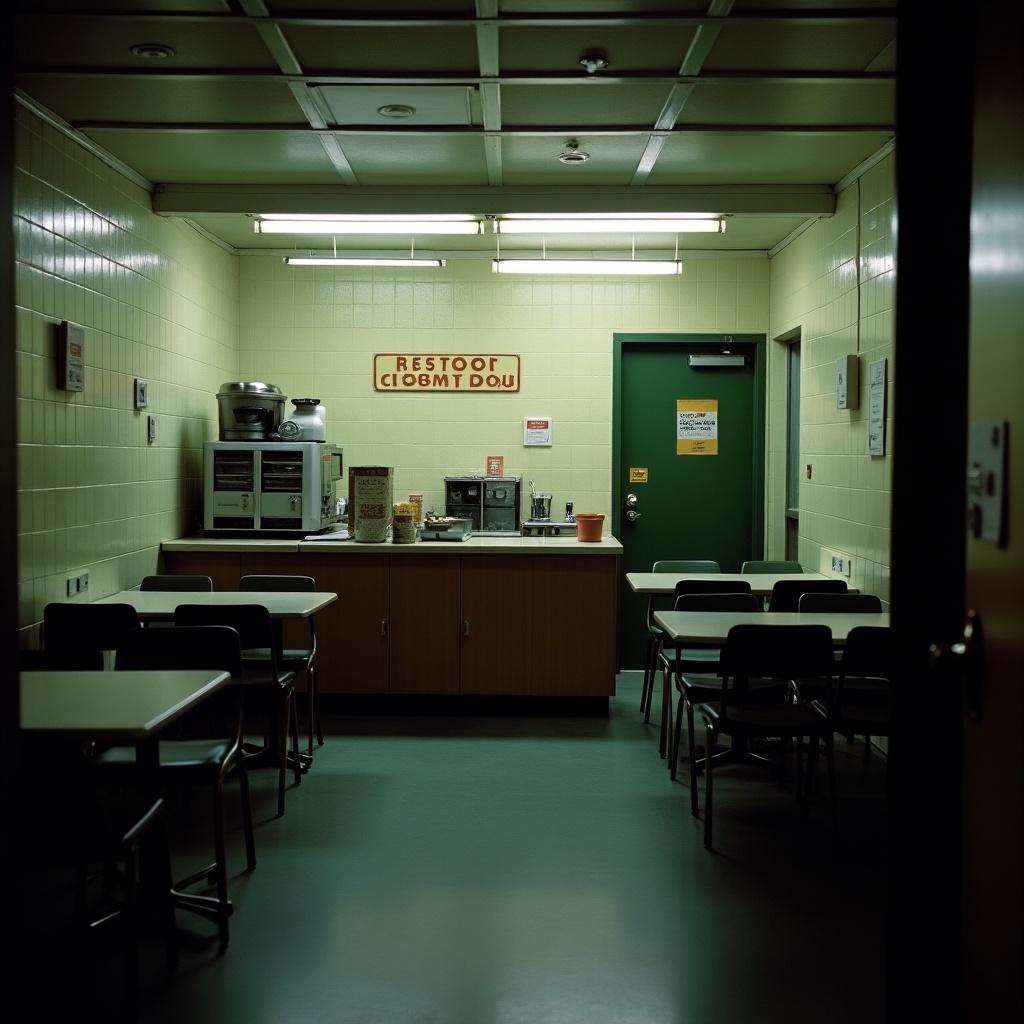 Interior of a small coffee shop at night. Barren and sterile decor. Only fluorescent lighting. Not modern design. Reflects early 1990s to 2000s vibe. Designed for working class patrons.