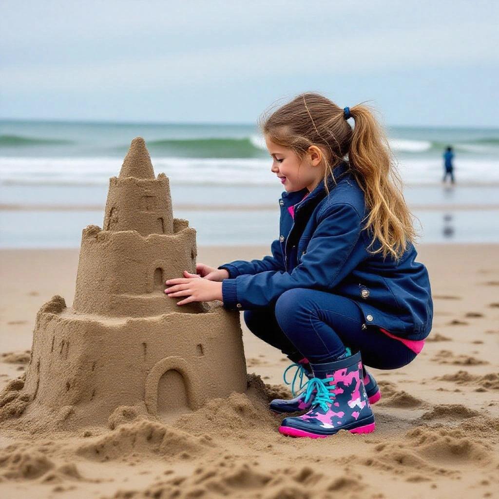 A girl building a large sandcastle at the beach. She has long dark blonde hair tied in a ponytail. Dressed in navy-blue biker jacket and pink camo shirt. Wearing navy-blue tracksuit pants and pink shiny wellies with light blue laces.