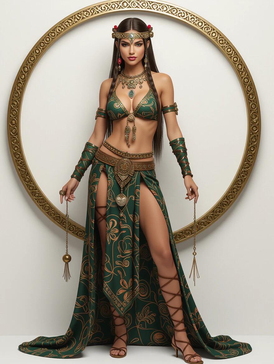 Full body portrait of a character in elaborate gypsy-style attire. The costume features intricate designs in green and gold. The character has long hair and wears multiple accessories. Background is minimalistic, focusing on the character's attire.