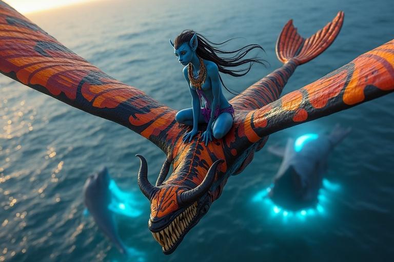High above, Kaari rides the Toruk soaring over the ocean. Below, massive glowing bioluminescent whales stir in the water. The Toruk has fiery red, black, and golden-orange patterns. Its wings stretch wide against the dusk sky. Kaari is a tall Na’vi with radiant blue skin and long braided hair. She is on the beast’s back, adorned with traditional clothing and jewelry, while glowing whales breach beneath them.