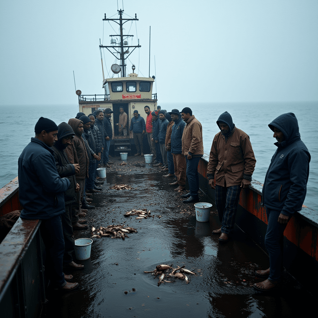 A group of men stand on a fishing boat in the rain, with fish and buckets on the wet deck.