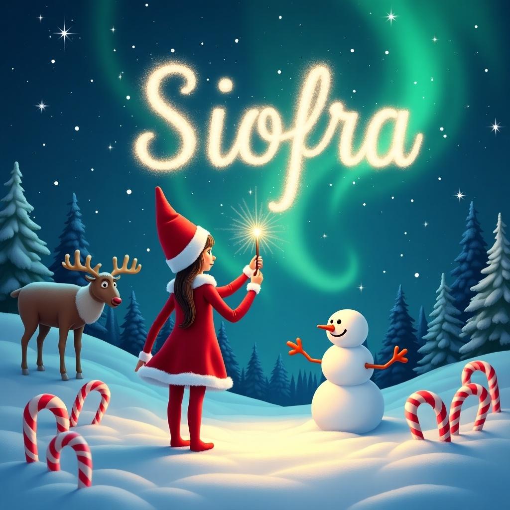 The image shows a girl elf with her back to us in the snow. She is writing names in the sky with a magical wand. A snowman stands nearby in a winter background. Trees fill the scene with northern lights above. Candy canes are in the foreground. The name 'Siofra' is written in sparkling light.