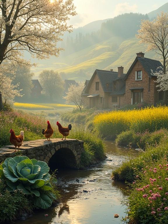 Tranquil countryside scene featuring traditional earthen houses. Blooming white trees surround the area. Terraced yellow rapeseed fields are in the background. A small stream with a stone footbridge is in the foreground. Chickens roam freely near a vegetable garden filled with lush cabbage and pink wildflowers. Soft morning mist and golden sunlight enhance the scenery.