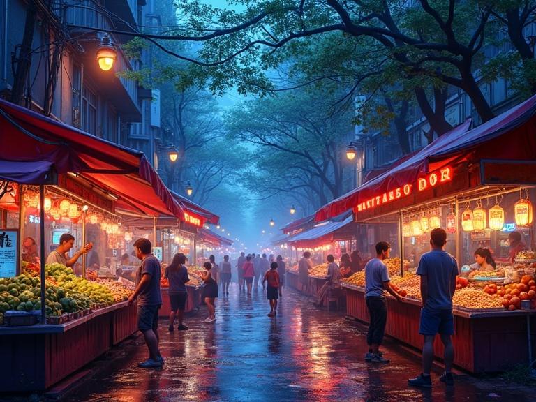 Lively street market scene at night, vendors selling fresh produce under bright neon lights, chaotic atmosphere in an urban setting, humid weather, vibrant colors