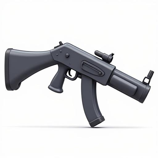 Minigun displayed in 3D cartoon style. Weapon design shows a gray body and clean white background. Focus on the contours and features of the minigun.