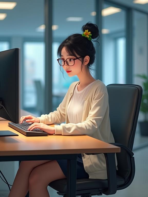 A young woman sitting at a desk in an office. She is dressed in a blouse cardigan and a knee-length skirt. Black pantyhose and wedges are visible. Hair styled in a bun with a flower clip. She types on a keyboard and looks at a computer screen. Brightly lit office environment.