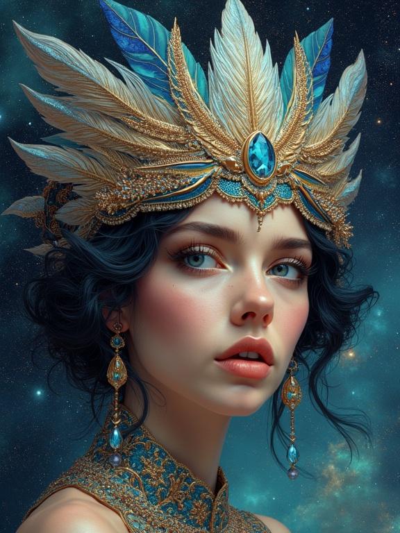 A hyperrealistic portrait of a woman with striking features. She has an elaborate headdress made of shimmering crystals and iridescent feathers. Her gaze is intense and captivating. The background features swirling nebulae and distant galaxies. The color palette includes deep blues, purples, and golds. The style resembles art nouveau with flowing lines and intricate details, incorporating modern digital painting and photorealistic rendering.