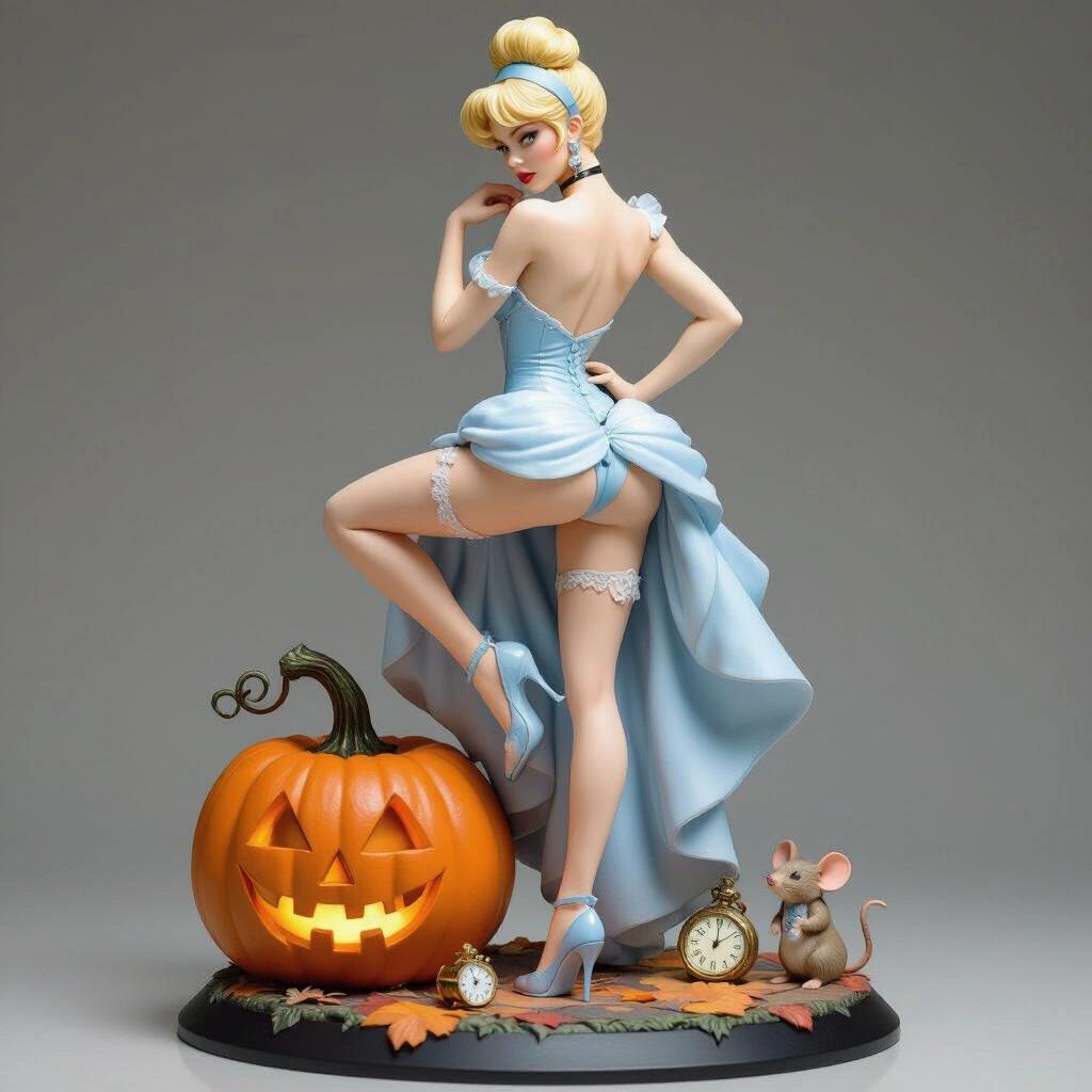An ultra-detailed resin figure inspired by Cinderella. A sensual and elegant blonde woman stands with one leg raised, resting on a pumpkin, adjusting her garter. Her back is slightly arched with a confident expression. Base includes a magical pumpkin, a pocket watch, and two dressed mice. Feminine and fantastical style is striking from any angle.