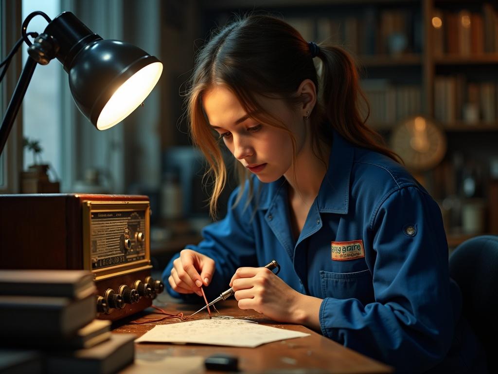 A young woman is repairing an old Soviet radio receiver in a dimly lit laboratory. She wears a blue work jumpsuit. The desk is cluttered with engineering tools and books. A warm desk lamp casts a glow on her focused expression. The atmosphere feels nostalgic.