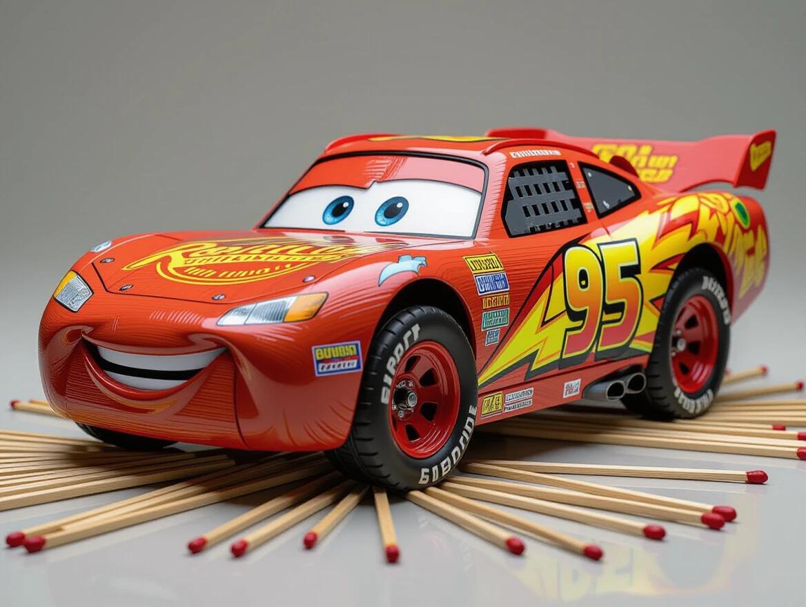 A digital artwork of a racecar resembling Lightning McQueen made entirely from wooden sticks and twigs. The car features a smiling face and iconic details like headlights and a spoiler crafted from wood. Tires are made from woven stick patterns. The backdrop is a rustic racetrack constructed from planks. The image has a golden hour lighting effect, showcasing high-detail craftsmanship and a folk-art style. This piece presents a natural sculpture realism with elements of a stop-motion diorama.