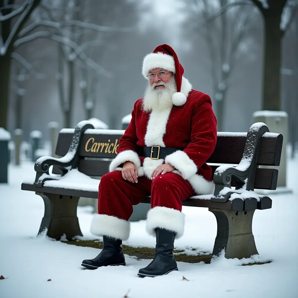 Father Christmas dressed in red suit with white trim. Sitting on a bench in a snowy cemetery. Name Carrick is engraved on the bench. Boy spirit is implied.