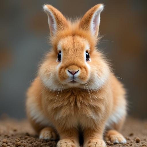 A copper-colored lionhead bunny with fluffy fur and large expressive eyes.