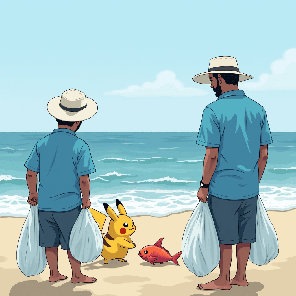 A boy and a man with hats and trash bags watch Pikachu and a red fish interact on the beach.