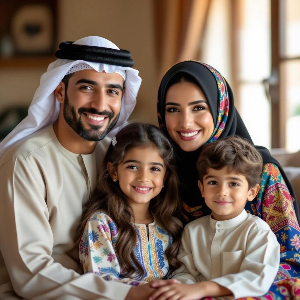 Happy family of four poses indoors. Father in traditional Libyan jalabiya. Mother in colorful hijab and dress. Daughter in modern outfit. Son in traditional Libyan outfit. Soft natural light from window. Warm family atmosphere.
